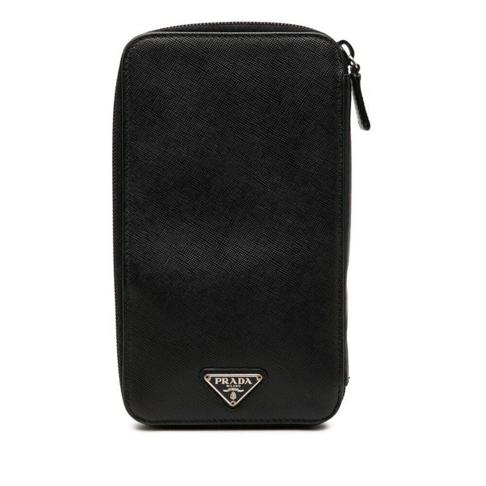 Prada Triangle Logo Plate Round Earrings Long Wallet Black Saffiano Leather W...
